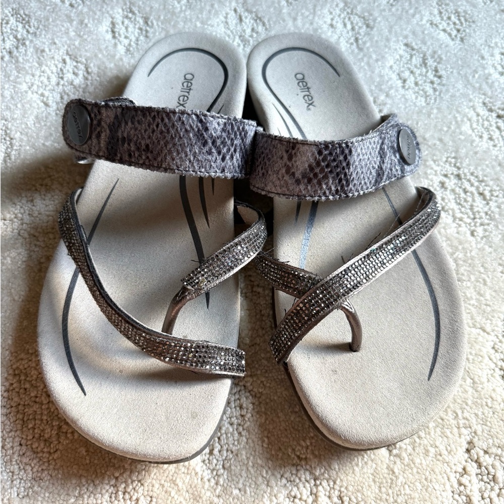 Aetrex Gray Snake Print Sandals with Rhinestone Accents